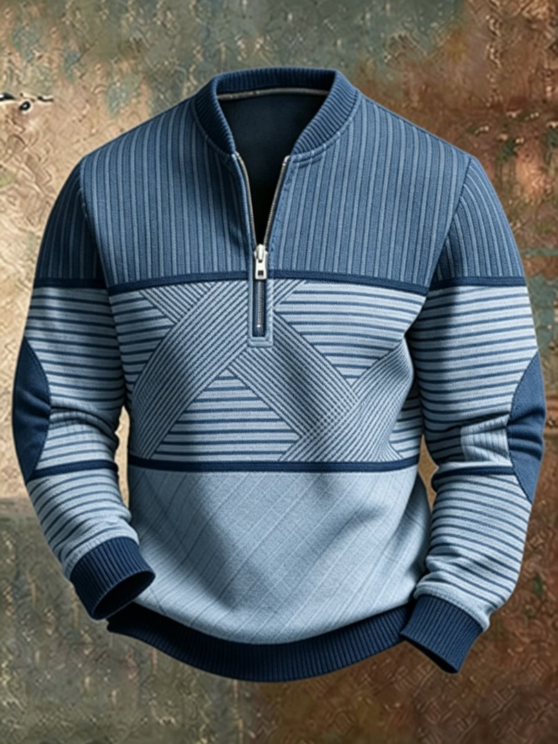 Виктор | Пуловер с половин цип и геометрична шарка