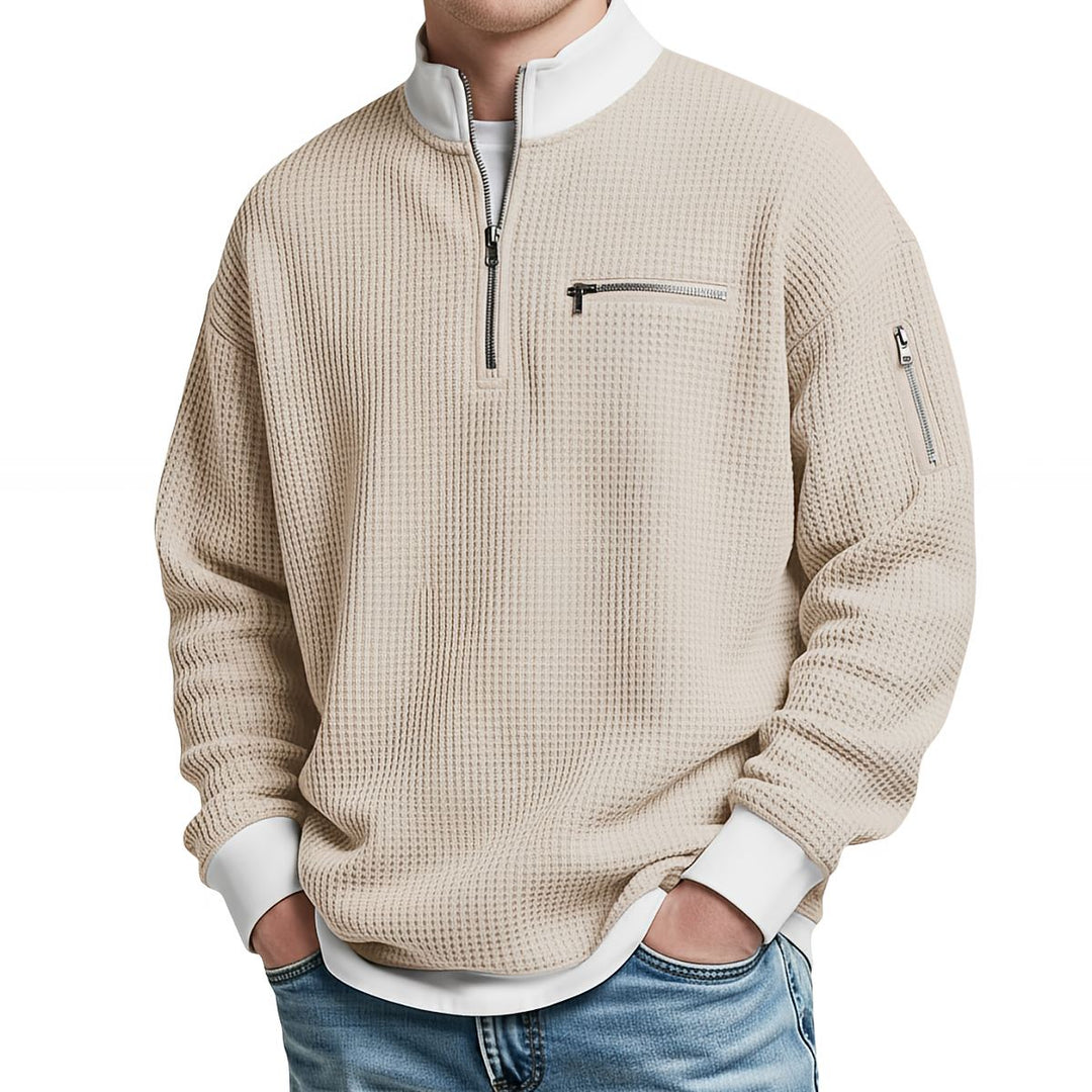 Waffle-Knit Half-Zip Jumper with Zip Pockets