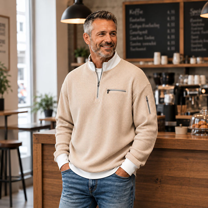 Waffle-Knit Half-Zip Jumper with Zip Pockets