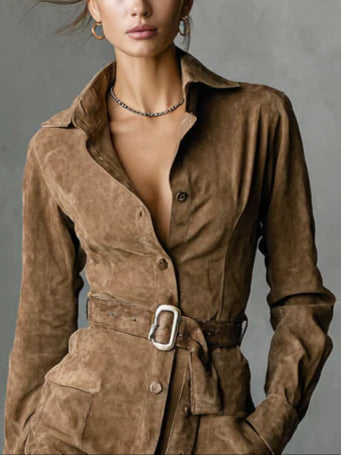 Adeline | Suede-Look Belted Shirt Dress