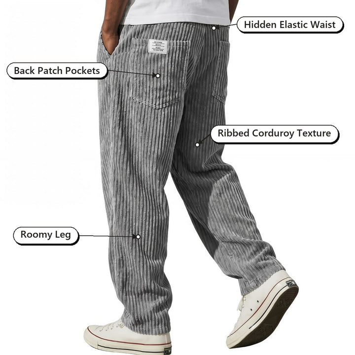 Elastic-Waist Corduroy Trousers – Hidden Elastic Waist, Back Patch Pockets, Ribbed Corduroy Texture, Roomy Leg
