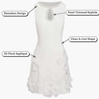 Sleeveless Cut-Out Mini Dress – Sleeveless Design, Pearl-Trimmed Keyhole, Clean A-Line Shape, 3D Floral Appliqué