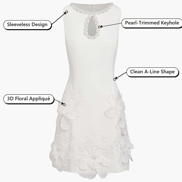 Sleeveless Cut-Out Mini Dress – Sleeveless Design, Pearl-Trimmed Keyhole, Clean A-Line Shape, 3D Floral Appliqué